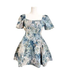 Pure Color L (runs small) tapestry Floral Blue Mini Dress puffed sleeves
